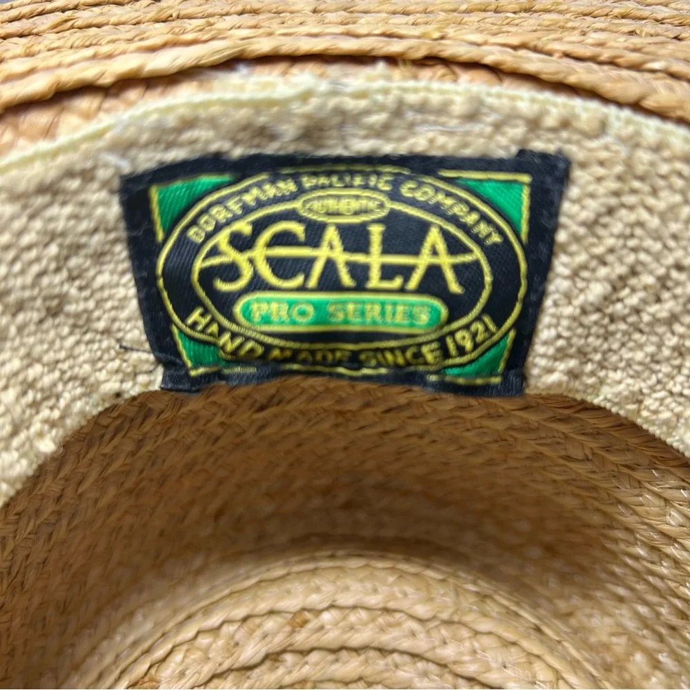 Scala Golf Beach Wide Brim Men's Tan Straw Hat Olive Green Ribbon Detail - Picture 6 of 9